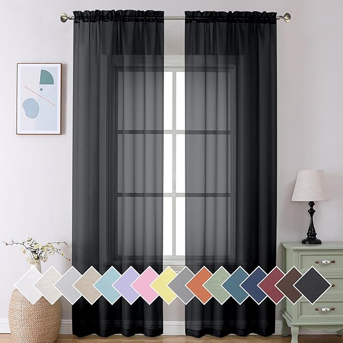 Aiyufeng 2 Panels Extra Long Sheer Window Curtains 120 Inches Length, Elegant Window Voile Panels/Drapes/Scarf/Treatment/Backdrop for Living Room Wedding Party Home Decor (40W x 120L inches, Black)