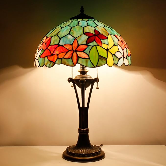 Tiffany Table Lamp Red Yellow Green Flowers Stained Glass Desk Lamp 16X16X24 Inches Reading Light