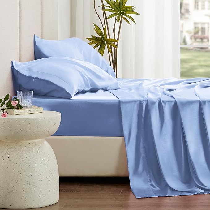 Love's cabin Satin King Sheet Sets - 4 Piece Sky Blue Silky Sheets King Size Bed with Deep Pocket, Luxury Silk Feel King Size Satin Sheet Set (1 Flat Sheet,1 Fitted Sheet,2 Pillow Cases)
