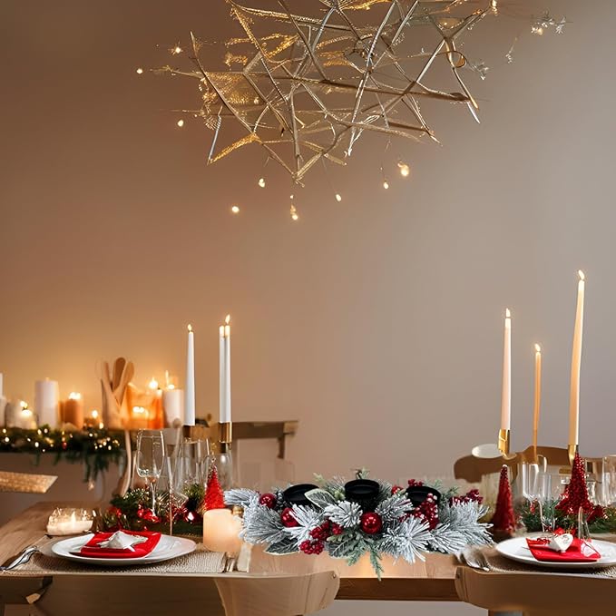 Christmas Candle Holder 3 Candle Holders Xmas Table Centerpiece with Snow Flocked Pine Branches,Pinecones, Red Berries