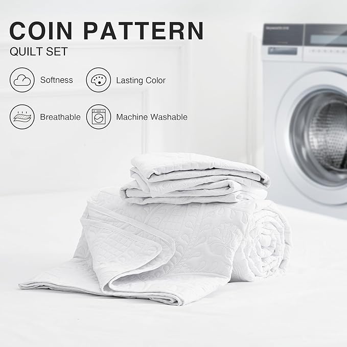 Love's cabin Twin Quilt Set White Bedspreads - Soft Bed Summer Lightweight Bedspread Comforter - Modern Style Coin Pattern Coverlet for All Season - 2 Pieces (1 Quilt, 1 Pillow Sham)