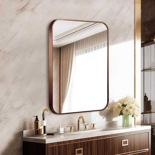 20"x30" Brushed Bronze Bathroom Mirror for Wall, Rounded Rectangle Mirror with Brown Metal Frame Hanging for Bathroom Entryway Vanity,Living Room,Bedroom,Vertical or Horizontal