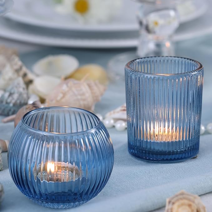 Blue Votive Candle Holders Set of 10- Round Blue Candle Holders Bulk, Glass Candle Holder for Wedding Table Decoration, Embossed Glass Votives, Tea Lights Candle Holder for Home & Party Decor