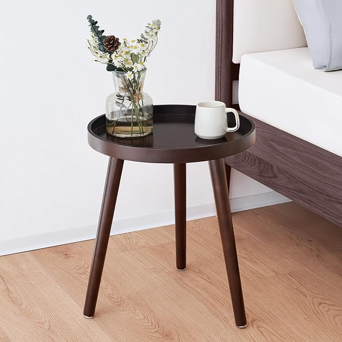 Apicizon Round Side Table, Brown Tray Nightstand Coffee End Table for Living Room, Bedroom, Small Spaces, Easy Assembly Bedside Table, 15 x 18 Inches