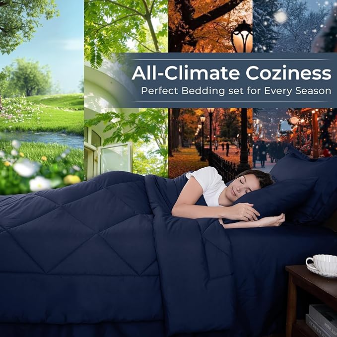 HEVUMYI Navy Blue Cali-King Comforter Set - 7-Piece All Season Bed in a Bag Cali-King, Ultra Soft Bedding Set with Comforter, Flat Sheet, Fitted Sheet, Pillowcases, Pillow Shams, Navy Blue