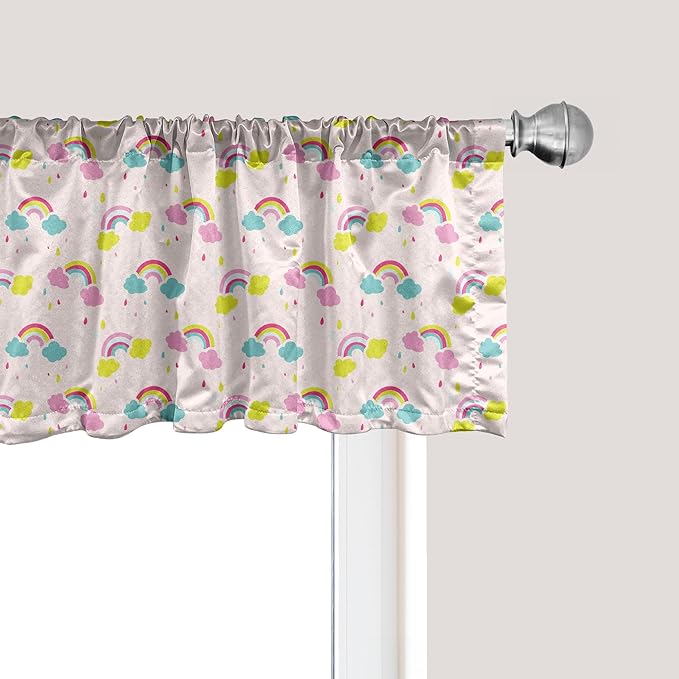 Ambesonne Cartoon Window Valance Pack of 2, Pastel Rainbows Clouds Raindrops Sky Theme, Rod Pocket Curtain Valances for Kitchen Bedroom, 42" X 18", Rose and Multicolor