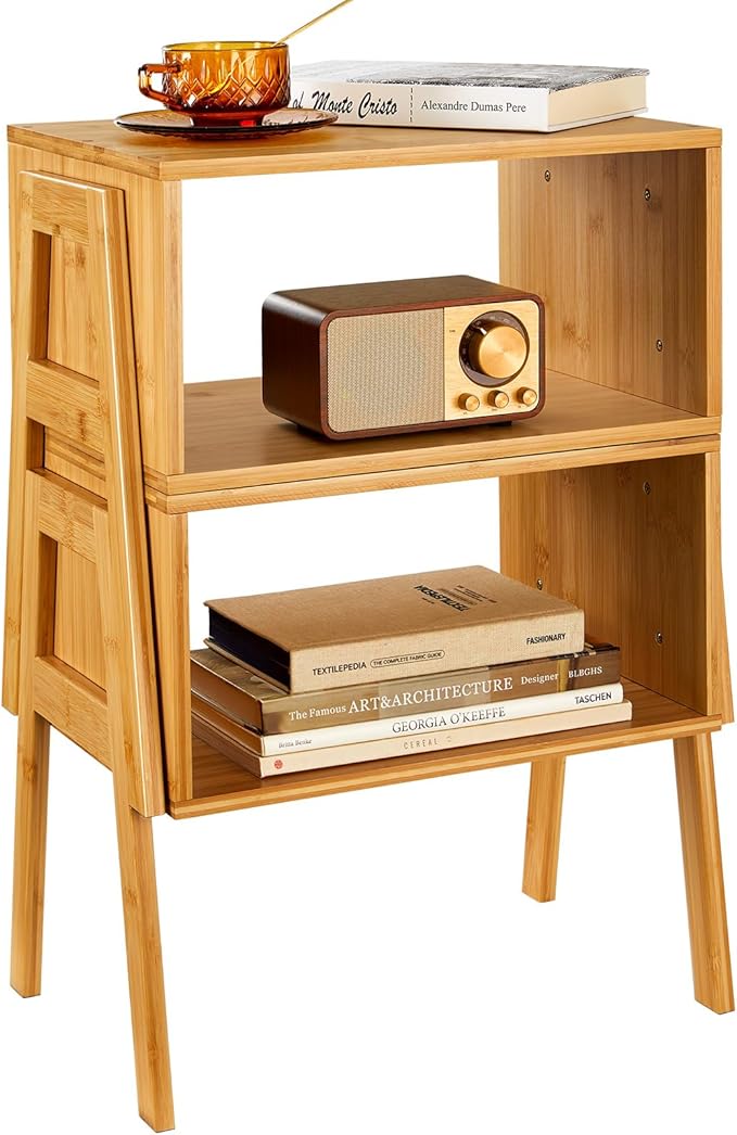 Pipishell Bamboo Stackable End Tables, Wood Living Room Nightstand, Bedside Tables for Bedroom Storage, Set of 2