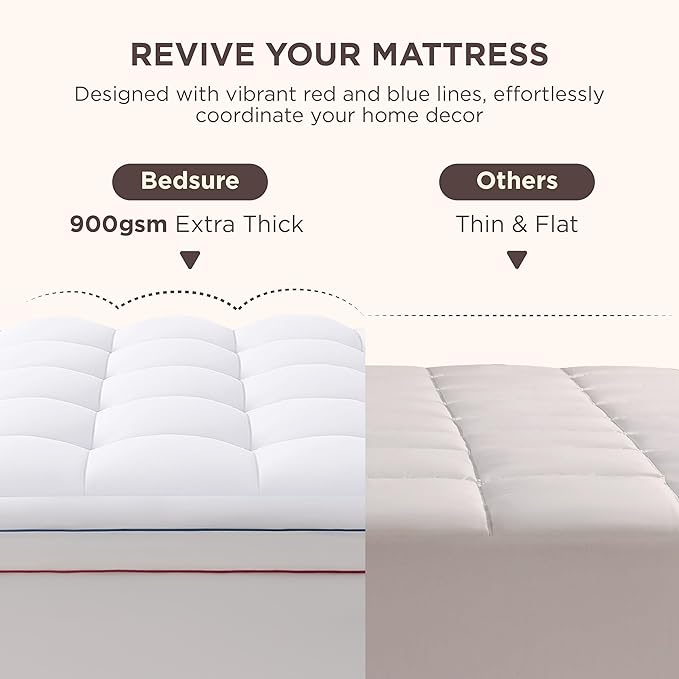 Bedsure Full Size Mattress Topper - Pillow Top Mattress Pad Cover with Deep Pocket Fits up to 21 Inches, Plush Soft Bed Topper for Back Pain Relief, Overfilled with Down Alternative Filling, White