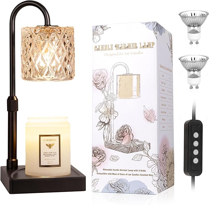 Black Candle Warmer Lamp with Timer -Dimmable Adjustable Height Wax Melt Warmer for Jar Candles,Vintage Home Decor with Elegant Clear Glass,Birthday Gifts for Women, Mom, Friend, Sister