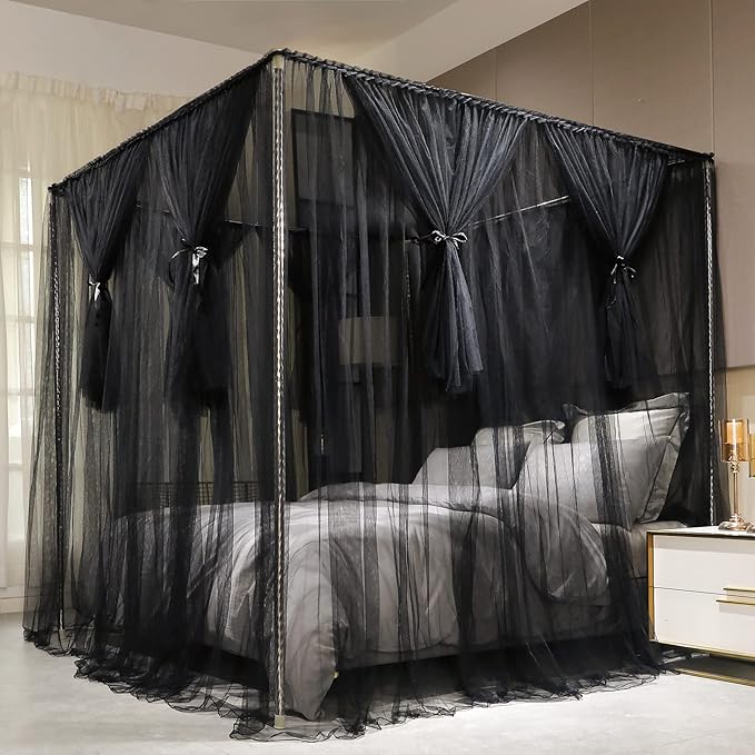 Joyreap 4 Corners Post Canopy Bed Curtain Black- King Size Royal Luxurious Cozy Drapes Netting- Elegant Bedroom Decoration Accessories for Adults