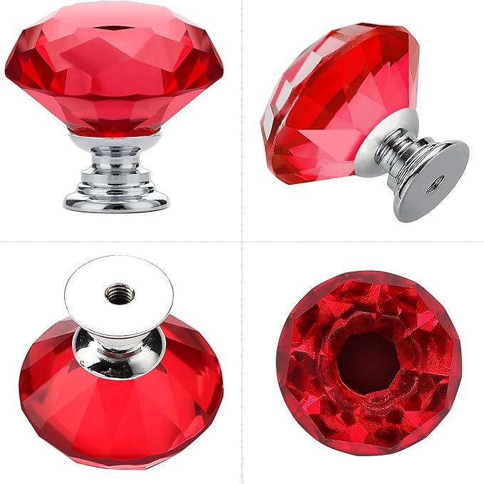 Ravinte 10 Pack Red Crystal Knobs for Dresser Drawers - 30 mm Glass Cabinet Diamond Shaped Knobs With Silver Base