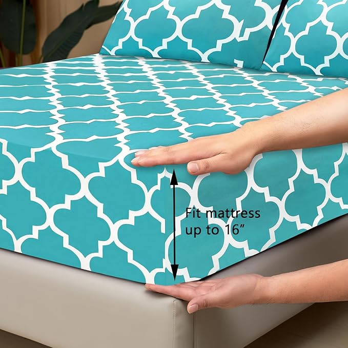 Mejoroom King Bed Sheet Set - Super Soft Brushed Microfiber 1800 Thread Count Sheets with 15 inch Deep Pocket - Wrinkle Free - 4 Piece(Aqua Quatrefoil with White Pattern)