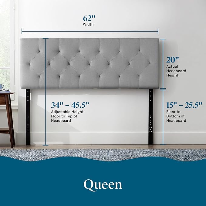 Lucid Mid-Rise Upholstered Headboard - Diamond Tufted - Padded Polyester - Adjustable Height from 34” to 46” - Easy Assembly - Bed Frame or Wall Mount - Sturdy - Stone - Queen Size