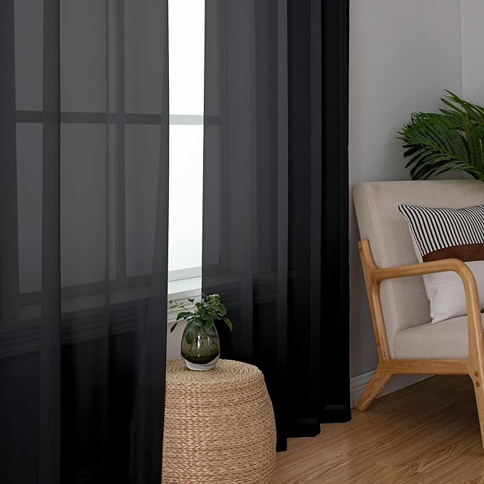 Chyhomenyc Black Sheer Window Curtain Panels 54 Inch 2 Panels, Light Filtering Solid Voile Curtains Drapes for Small Window/Bathroom/Living Room/Bedroom, Rod Pocket, Each 42Wx54L