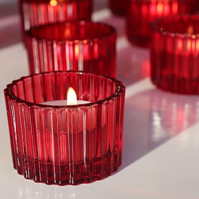 VOHO Red Candle Holders for Table Centerpiece, Tealight Candle Holder Set of 12 for Small Tealight Candles, Glass Votive Candle Holders for Her Valentine Christmas(2 x 1.4 Inch)