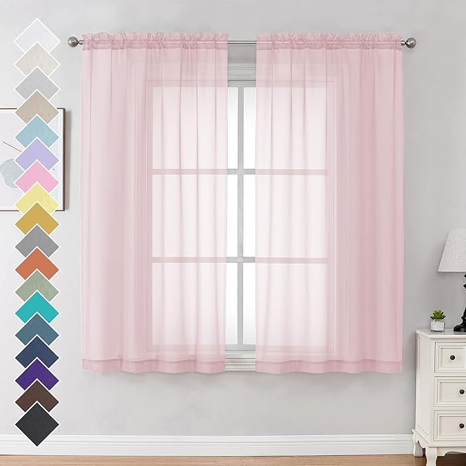 OVZME Blush Pink Sheer Curtains 63 Inches Long 2 Panels - Soft Light Filtering Window Sheer Panels for Living Room/Bedroom, Top Dual Rod Pocket, 1 Pair, Each 42Wx63L Inches