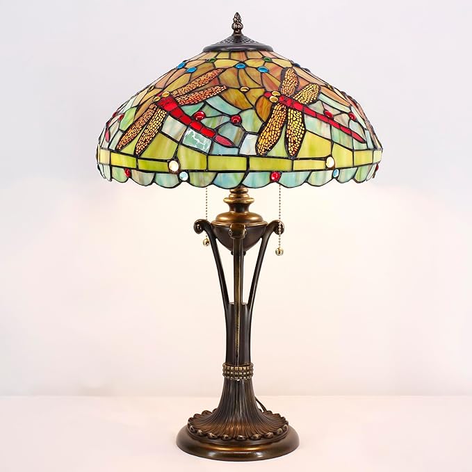 Tiffany Table Lamp Green Red Stained Glass Desk Lamp 16X16X24 Inches Dragonfly Style Reading Light