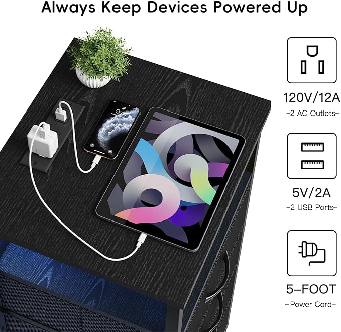 Fixwal Night Stand with Charging Station, LED Nightstand with U-S-B Ports and Outlets, 3 Fabric Storage Drawers with PU Finish, Bedside Table, Black