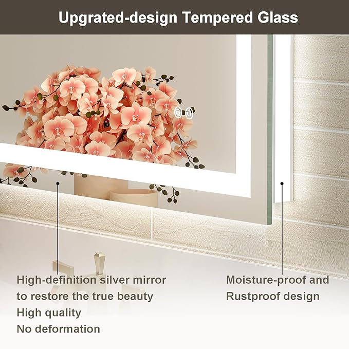 60x30 Large LED Bathroom Mirror with Lights, Brighter Backlit + Front Lit, Tempered Glass, Dimmable, Multiple Light Modes, Anti-Fog Lighted Bathroom Vanity Mirror for Wall, Memory Function