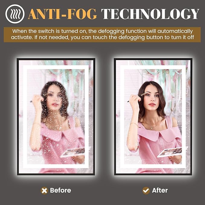 LED Bathroom Mirror,30"x36" Mirror with Black Frame, Front Light and Backlit, Stepless Dimmable, Anti-Fog, Shatter-Proof, Memory, 3 Colors, Double LED Vanity Mirror
