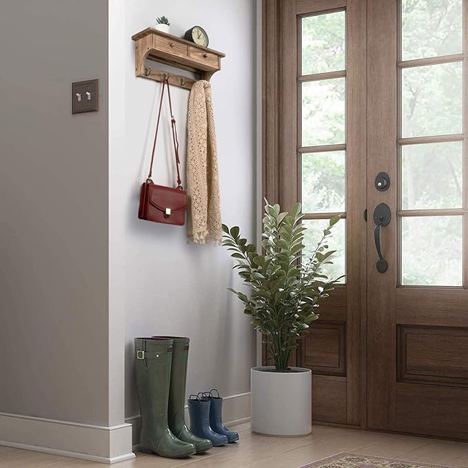 Emfogo Coat Hooks Mounted, Rustic Wood Coat Rack Mount Shelf with Hooks, Farmhouse Coat Rack with Shelf & Coat Hook for Entryway, Mudroom, Bedroom, Kitchen, Bathroom (Brown)