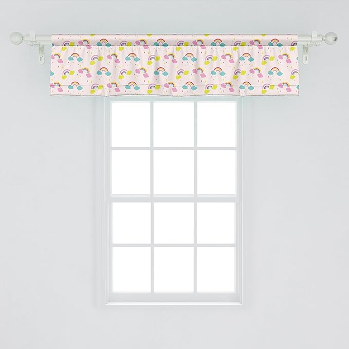 Ambesonne Cartoon Window Valance Pack of 2, Pastel Rainbows Clouds Raindrops Sky Theme, Rod Pocket Curtain Valances for Kitchen Bedroom, 42" X 12", Rose and Multicolor