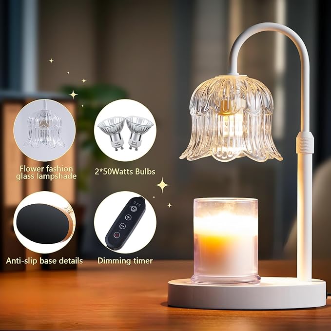 Candle Warmer Lamp Electric Timer - Flower Candle Lamps Height Adjustable Home Bedroom Decor House White