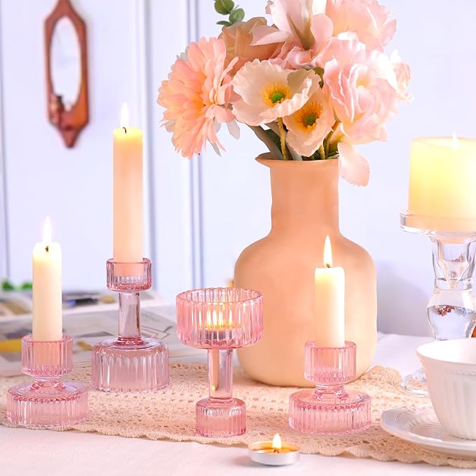 Candlestick Holders Bulk, 6 Pcs Pink Combination Candle Holders Set, Crystal Candle Holders for Wedding, Table Centerpiece, Home Decoration