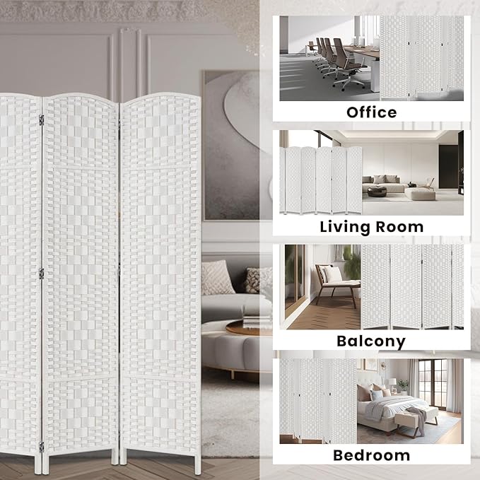 Rose Home Fashion Room Divider, 6 ft Tall Room Dividers and Folding Privacy Screens, 16in Privacy Screen 8 Panel White Space Temporary Wall Foldable Partition Separation