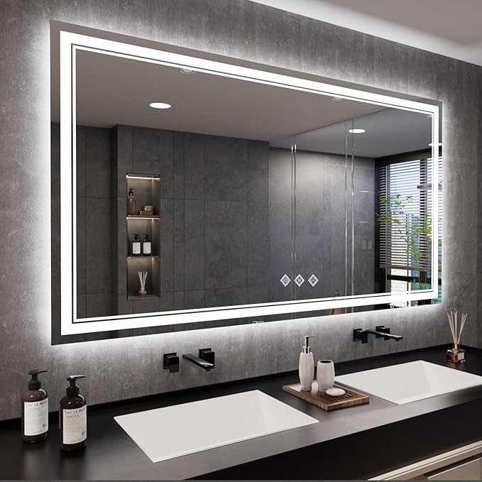 Bathroom Mirror, 72x40 Inch Gradient Front and Backlit Big LED Mirror, 3 Colors Dimmable CRI>90 Double Lights, IP54 Enhanced Anti-Fog, Hanging Plates Wall Mount Lighted Bathroom Mirror