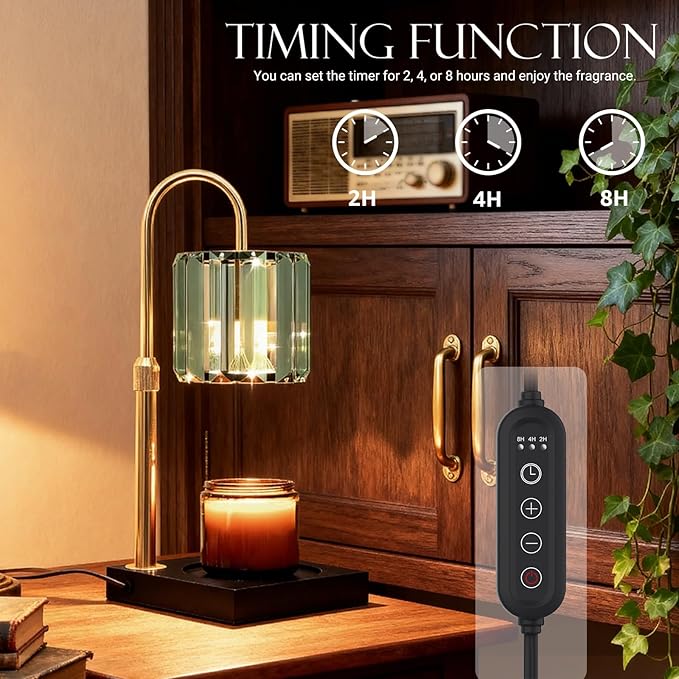 Candle Warmer Lamp with Timer, Dimmable Candle Wamer Adjustable Height, Glass Modern Candle Melter Lamp, Elegant Home Decor, Green, Gifts for Women Mom