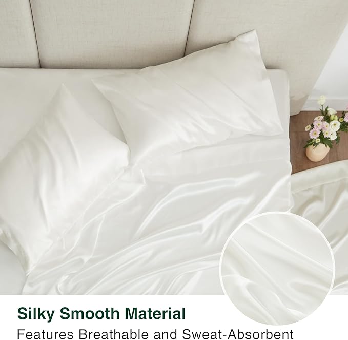 Love's cabin California King Satin Sheet Sets - 4 Piece Ivory Silky Sheets Bed Set with Deep Pocket, Luxury Silk Feel Satin Cal King Sheet Set (1 Flat Sheet,1 Fitted Sheet,2 Pillow Cases)