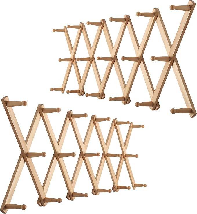 WEBI Accordion Wall Hanger,Expandable Wooden Hat Rack for Wall Mounted Coat Rack,Accordion Hat Hooks Holder for Baseball Caps,17 Peg,Natural,2 Packs