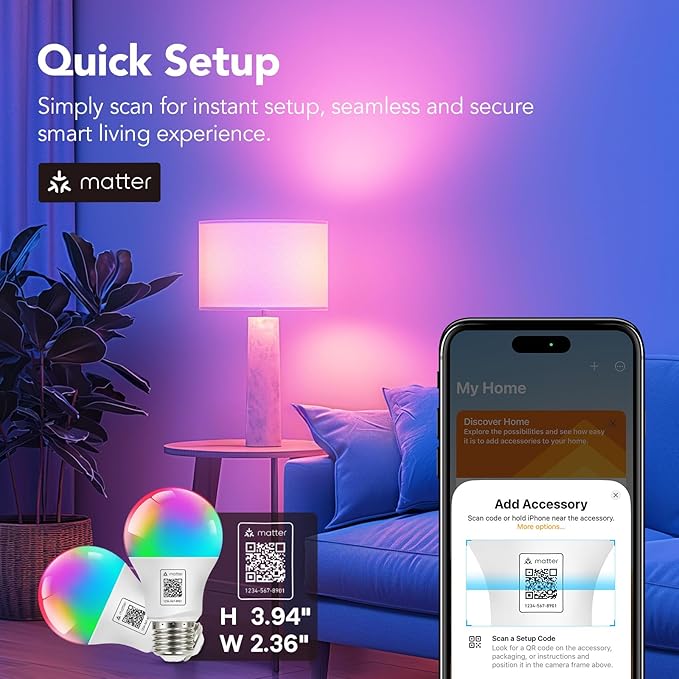 OREiN Matter Smart Light Bulb, Smart Light Bulbs with Remote Control Work with Apple Home, Alexa, Google Home, SmartThings, Color Changing Light Bulbs 2.4Ghz WiFi, 800 Lumens Equivalent 60W 2Pack