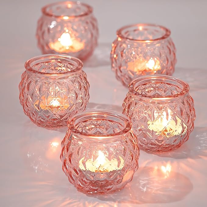 DARJEN Pink Votive Candle Holders Set of 24- Round Glass Candle Holders Bulk for Flameless LED Tea Waxes, Romantic Candle Holder for Wedding & Home Table Decor, Various Parties