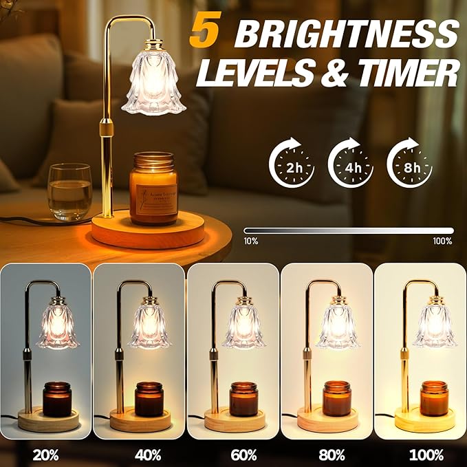 Candle Warmer Lamp with Timer and Dimmer, Electric Wax Warmers for Scented Candles with 5 Brightness Settings, Anti-Glare Lamp with Adjustable Height, Home Decor, Gift for Christmas, Birthday