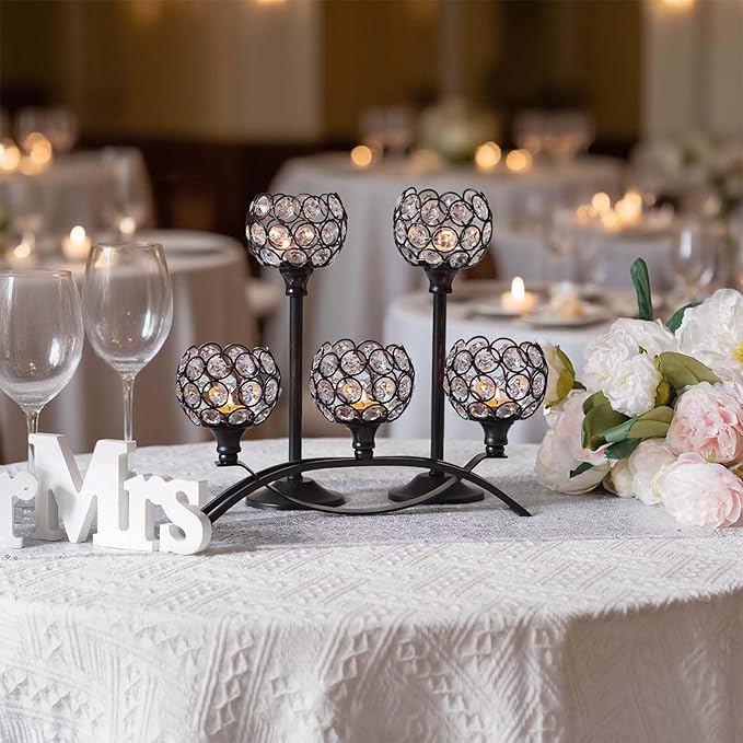 Crystal Tealight Candle Holder Centerpiece Home Decorative Candlestick Holder Elegant Table Centerpiece Home Decor Wedding Party Anniversary (Black, Set of 3)