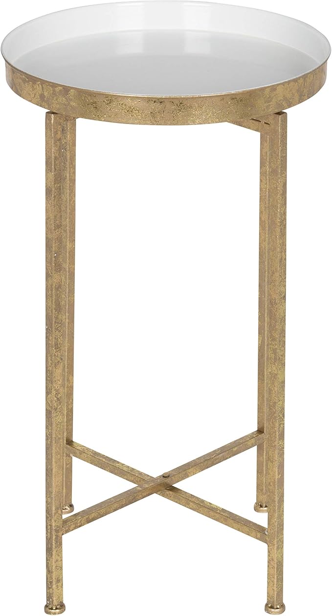Kate and Laurel Celia Round Metal Foldable Tray Accent Table, White with Gold Base