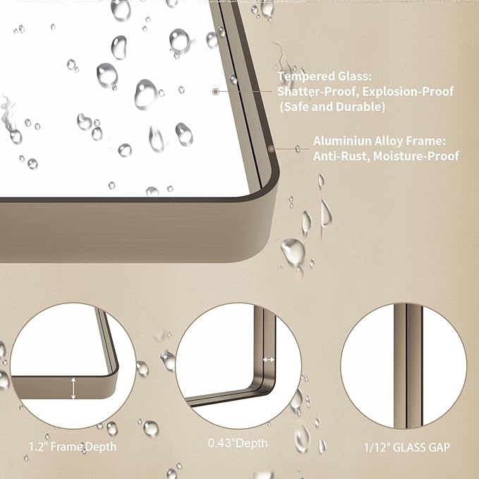 LOAAO 60”X36” Bronze Bathroom Mirrors for Vanity, Rounded Rectangle Brushed Bronze Metal Frame Mirror, Anti-Rust, Tempered Glass, Hangs Horizontally or Vertically