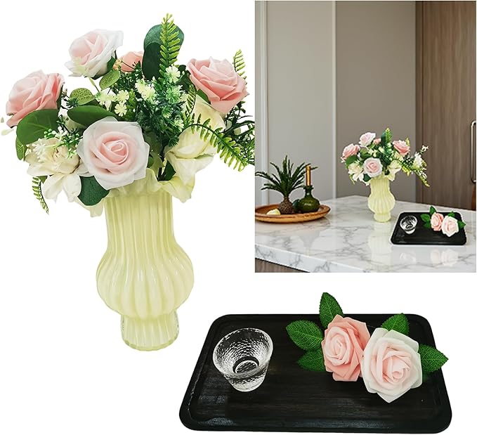 Artificial Flowers 25pcs Fake Roses, Pinkish White Foam Rose Faux Flower for Wedding Bouquet Bridal Shower Centerpieces Floral Arrangements Home Decorations Party Backdrops Table
