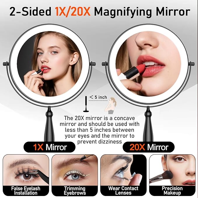Makeup Mirror with Lights, 20X Magnifying Mirror with Light for Women, 5000 mAh Vanity Mirror with Lights and 3 Colors, 2-Sided Lighted Magnified Mirrors for Delicate Makeup, 9 Inch, Black