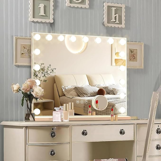 Hollywood Vanity Mirror with Lights, 18 Dimmable Bulbs, 3 Color Lights,Make Up Lighted Mirror, Aluminum Metal Frame, USB Charging Port（32" x 24"）