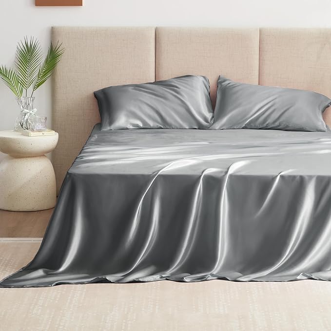 Love's cabin Satin King Sheet Sets - 4 Piece Dark Grey Silky Sheets King Size Bed Set with Deep Pocket, Luxury Silk Feel King Size Satin Sheet Set (1 Flat Sheet,1 Fitted Sheet,2 Pillow Cases)