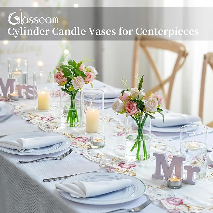 Glasseam Hurricane Glass Candle Holder Set of 6, Cylinder Clear Candle Holders for Pillar Candles, Modern Cylinder Vases for Floating Candles, Vases for Centerpiece Wedding Table Decorations, 6inch