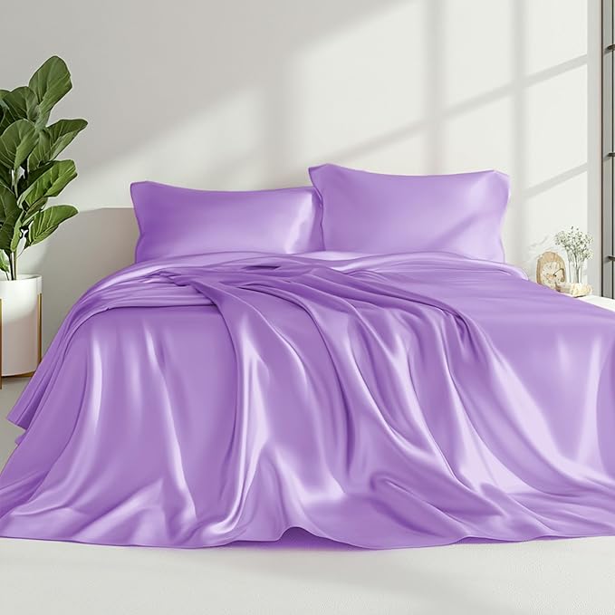 Love's cabin Twin Satin Sheets Sets - 3 Piece Lavender Silky Bed Sheets with Deep Pockets, Luxury Silk Feel Satin Twin Size Sheet Set Bedding Set (1 Flat Sheet,1 Fitted Sheet,1 Pillow case)