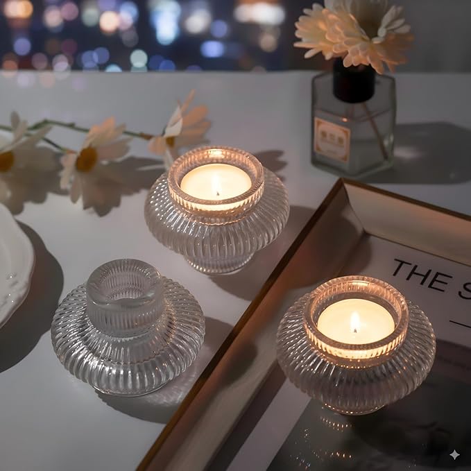 Candle Stick Candle Holder Set of 8, Taper Candle Holders for Wedding Table Centerpiece, Ribbed Glass Votive Candle Holders for Christmas, Romantic Dinner, Festival & Windowsill Decor