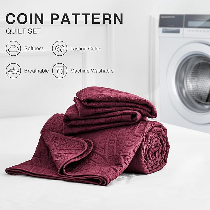 Love's cabin Quilts for Full Bed Burgundy Bedspreads Bedding Set - Lightweight Bedspread Comforter - Coin Pattern Bedding Coverlet for All Season - 3 Pieces (1 Quilt, 2 Pillow Shams)