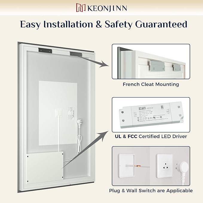Keonjinn Backlit Mirror Bathroom 20” x 28”, Anti-Fog Mirror with Lights, CRI90+ HD Tempered Glass, Waterproof, UL Listed, Stepless Dimmable LED Mirrors for Bathroom, High Lumen, Waterproof