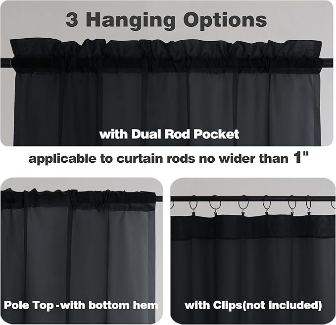 Chyhomenyc Black Sheer Curtains 84 Inches Long 2 Panels, Light Filtering Black Curtains for Living Room, Soft Gentle Voile Rod Pocket Bedroom Window Drapes, 59Wx84L Inch, 2PCS