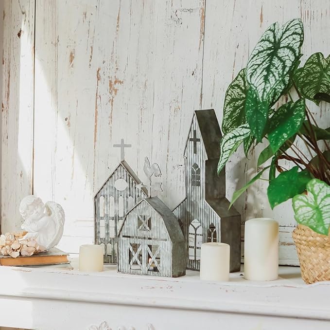 Barn Shaped Tea Light Candle Holder Farmhouse Galvanized Metal Candle Holder Vintage Decorative Tealight Holder for Table Centerpiece Decoration - 5.24" x 1.97" x 9.25"